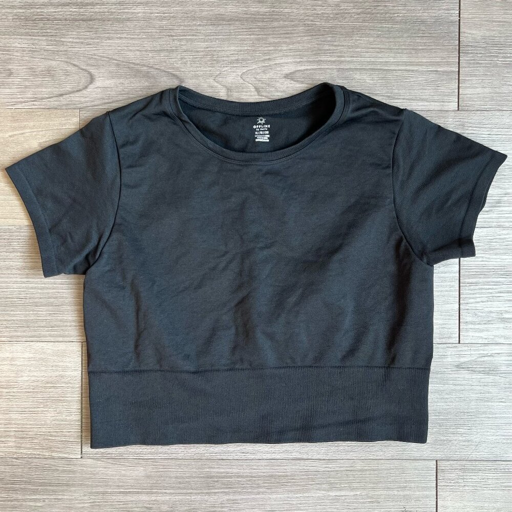 Aerie Offline Black Athletic Workout Compression Crop Top T-Shirt Size XL